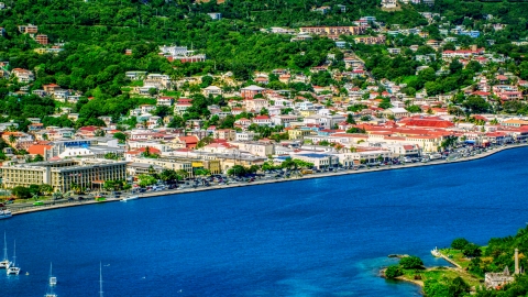 AX102_205.0000209F - Aerial stock photo of The Caribbean island town of Charlotte Amalie, St. Thomas 