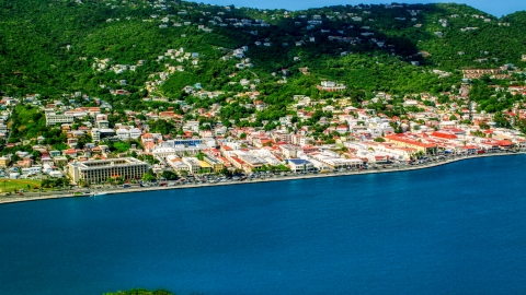 Coastal island town beside the harbor, Charlotte Amalie, St. Thomas, US Virgin Islands Aerial Stock Photos | AX102_207.0000263F