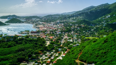 Coastal town seen from the hills in Charlotte Amalie, St. Thomas, US Virgin Islands Aerial Stock Photos | AX102_214.0000000F