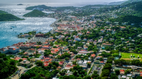 View of the harbor and the Caribbean island town of Charlotte Amalie, St. Thomas, US Virgin Islands Aerial Stock Photos | AX102_215.0000000F