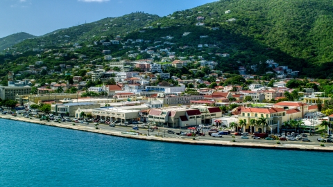 Island town and hills near the shore in Charlotte Amalie, St Thomas  Aerial Stock Photos | AX102_226.0000178F