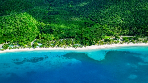 AX102_269.0000000F - Aerial stock photo of White sand Caribbean beach and turquoise blue waters, Magens Bay, St Thomas