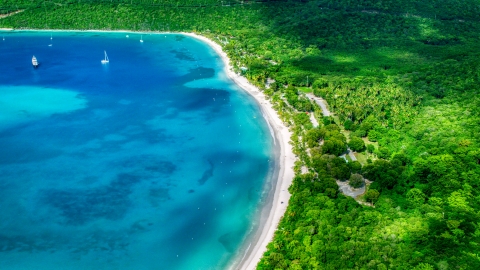 AX102_271.0000000F - Aerial stock photo of White sand Caribbean island beach and turquoise blue waters, Magens Bay, St Thomas 