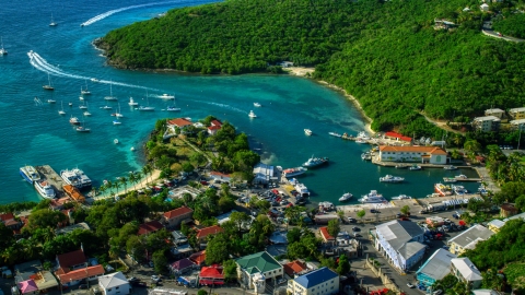 Harbor with boats in turquoise blue Caribbean waters, Cruz Bay, St John Aerial Stock Photos | AX103_021.0000197F