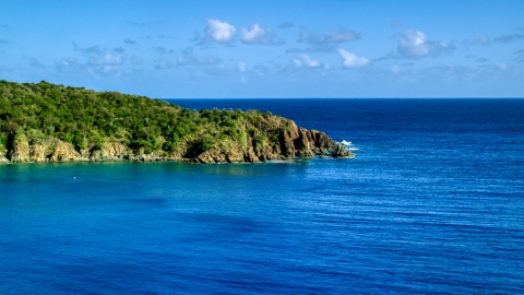 AX103_056.0000115F - Aerial stock photo of A tree covered rugged coast along blue waters of Great Lameshur Bay, St John