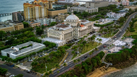 San Juan Capitol Building near the coast, Puerto Rico, sunset Aerial Stock Photos | AX104_077.0000117F