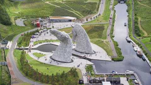 The iconic Kelpies sculptures, Falkirk, Scotland Aerial Stock Photos | AX109_124.0000049F