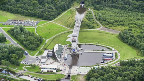 A view of the Falkirk Wheel near trees, Scotland Aerial Stock Photos | AX109_141.0000000F