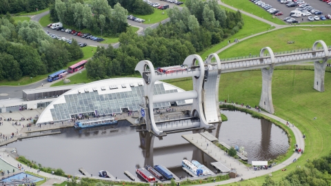 Ferries on the Falkirk Wheel boat lift, Scotland Aerial Stock Photos | AX109_144.0000000F