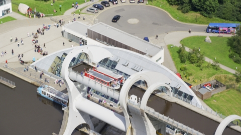 Two ferries on the Falkirk Wheel boat lift in Scotland Aerial Stock Photos | AX109_145.0000096F