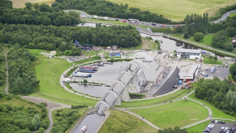 AX109_162.0000089F - Aerial stock photo of The iconic Falkirk Wheel boat lift, Scotland