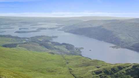 AX110_051.0000189F - Aerial stock photo of Loch Lomond seen from Ben Lomond, Scottish Highlands, Scotland