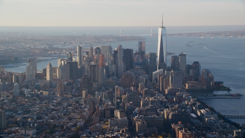 Freedom Tower and Lower Manhattan at sunrise in New York City Aerial Stock Photos | AX118_206.0000000F