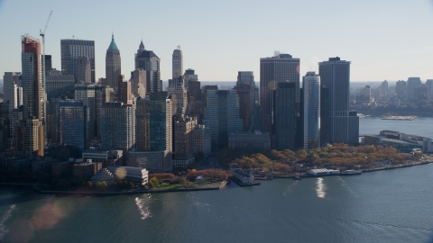 Battery Park and skyscrapers in Autumn, Lower Manhattan, New York City Aerial Stock Photos | AX119_015.0000096F