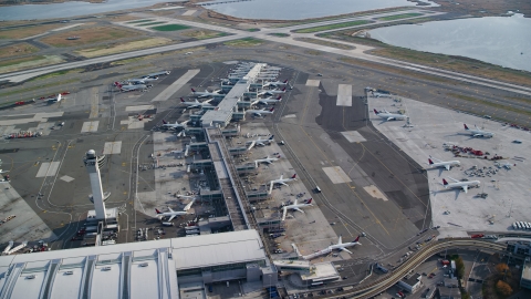 AX120_065.0000258F - Aerial stock photo of Rows of airliners at terminals at John F Kennedy International Airport, New York City