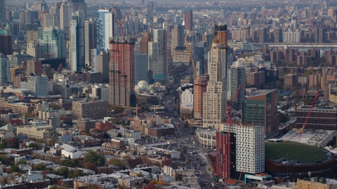 AX120_085.0000133F - Aerial stock photo of Skyscrapers in the downtown area of Brooklyn in Autumn, New York City