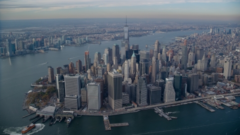 AX120_093.0000145F - Aerial stock photo of Lower Manhattan and the Hudson River in Autumn, New York City