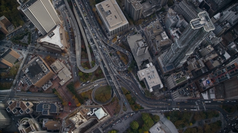 AX120_106.0000072F - Aerial stock photo of The Brooklyn Bridge Promenade in Autumn, Lower Manhattan, New York City