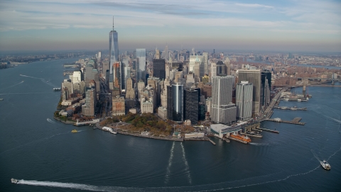 AX120_123.0000000F - Aerial stock photo of Battery Park and Lower Manhattan skyscrapers in Autumn, New York City