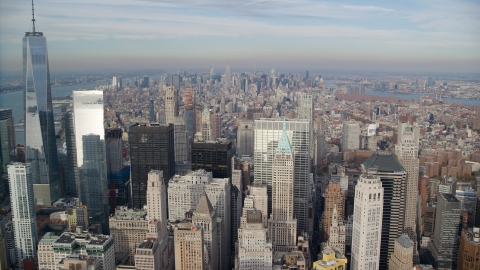 AX120_126.0000067F - Aerial stock photo of A view of Midtown from Lower Manhattan, New York City