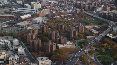 Public housing apartment buildings in Autumn, Brooklyn, New York City Aerial Stock Photos | AX120_131.0000093F