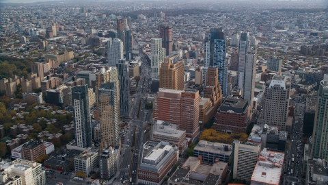 Brooklyn skyscrapers around Flatbush Avenue in Autumn, New York City  Aerial Stock Photos | AX120_132.0000111F