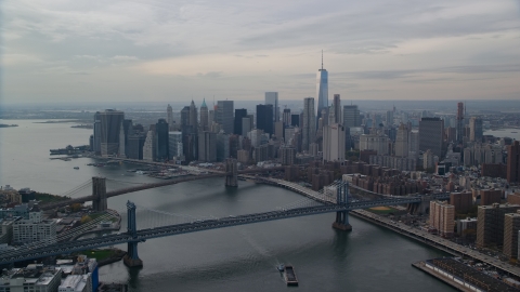 Manhattan Bridge, Brooklyn Bridge, East River, and Lower Manhattan, New York City Aerial Stock Photos | AX120_143.0000065F