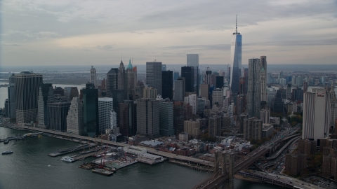 Lower Manhattan skyscrapers on the east side of downtown, New York City Aerial Stock Photos | AX120_146.0000059F