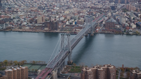 AX120_152.0000321F - Aerial stock photo of The Williamsburg Bridge in Autumn, New York City