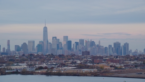 The Lower Manhattan skyline at sunset in Autumn, New York City Aerial Stock Photos | AX121_003.0000059F