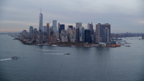 Skyline of Lower Manhattan at sunset, New York City Aerial Stock Photos | AX121_018.0000073F