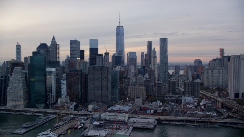 Skyscrapers in Lower Manhattan at sunset, New York City Aerial Stock Photos | AX121_024.0000131F