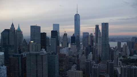 The skyscrapers in Lower Manhattan at sunset in New York City Aerial Stock Photos | AX121_032.0000112F