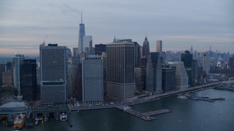 Riverfront skyscrapers beside the Hudson River at sunset, Lower Manhattan, New York City Aerial Stock Photos | AX121_036.0000087F