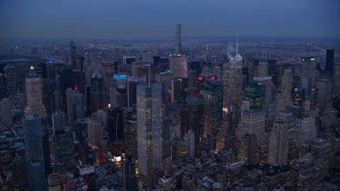 A group of Midtown skyscrapers at sunset in New York City Aerial Stock Photos | AX121_087.0000092F