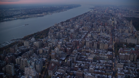 AX121_093.0000107F - Aerial stock photo of Apartment buildings on the Upper West Side at sunset in New York City