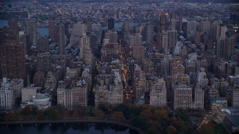 AX121_097.0000043F - Aerial stock photo of Upper East Side apartment buildings at sunset in New York City