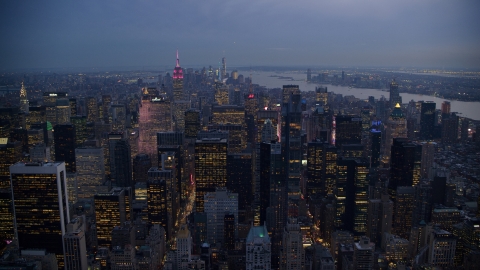 Tall Midtown Manhattan skyscrapers at sunset in New York City Aerial Stock Photos | AX121_101.0000263F