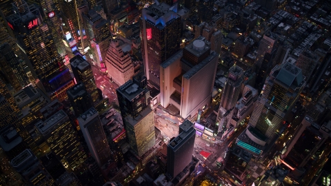 AX121_106.0000079F - Aerial stock photo of A bird's eye view of Times Square at sunset in Midtown, New York City