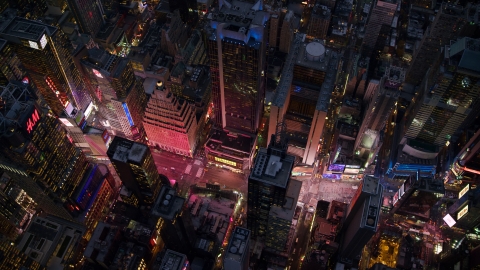 AX121_106.0000271F - Aerial stock photo of A bird's eye of Times Square at sunset in Midtown Manhattan, New York City