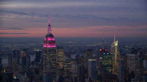 The Empire State Building at sunset in Midtown, New York City Aerial Stock Photos | AX121_113.0000009F