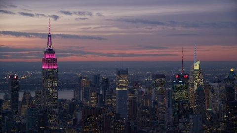 The Empire State Building and Midtown high-rises at sunset, New York City Aerial Stock Photos | AX121_114.0000092F