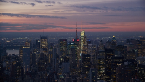 Tall Midtown Manhattan towers at sunset in New York City Aerial Stock Photos | AX121_115.0000025F