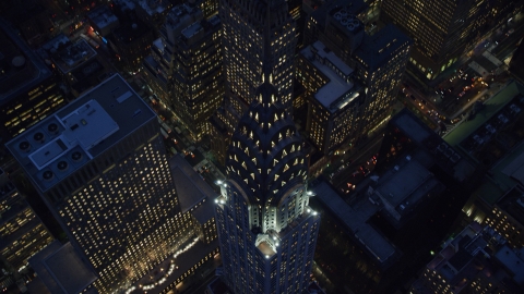 A bird's eye view of Chrysler Building at sunset in Midtown Manhattan, New York City Aerial Stock Photos | AX121_126.0000182F