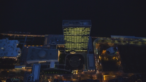 Bird's eye view of United Nations at night in Midtown Manhattan, New York City Aerial Stock Photos | AX121_140.0000014F