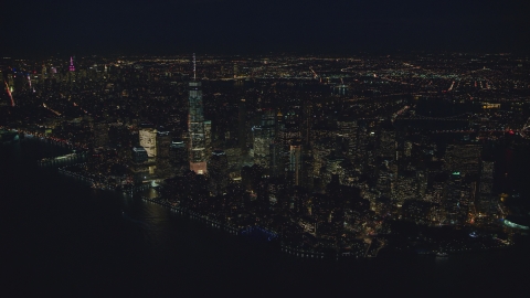 Freedom Tower and Lower Manhattan at night, New York City Aerial Stock Photos | AX121_173.0000009F