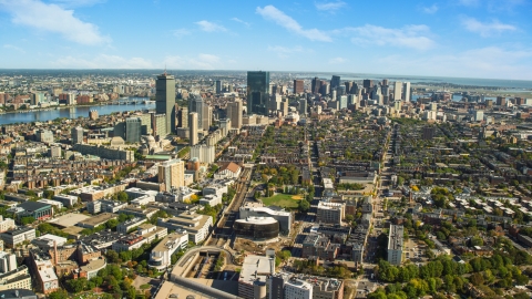 AX142_018.0000259 - Aerial stock photo of The Downtown Boston skyline on a sunny autumn day, Massachusetts