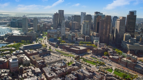 AX142_026.0000152 - Aerial stock photo of Skyscrapers and Boston City Hall in Downtown Boston, Massachusetts