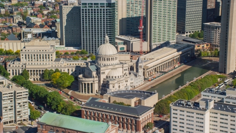 AX142_148.0000276 - Aerial stock photo of The First Church of Christ Scientist in Downtown Boston, Massachusetts