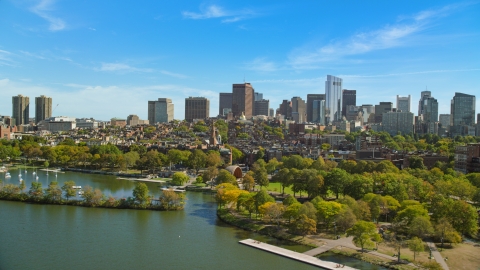 AX142_173.0000316 - Aerial stock photo of City buildings and parks in Beacon Hill, Downtown Boston, Massachusetts